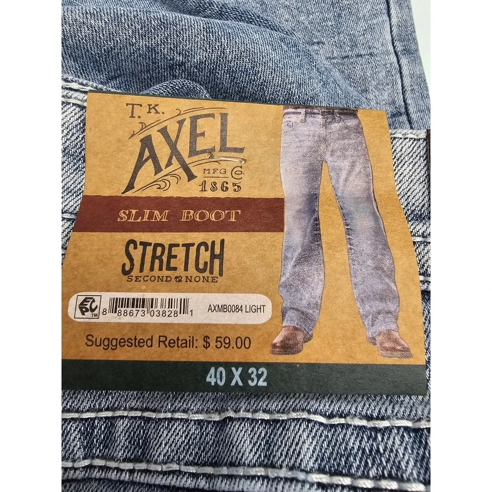 TK Axel Mens Slim Boot Cut Denim Jeans Blue‎ Polyester Stretch Size 40x32
